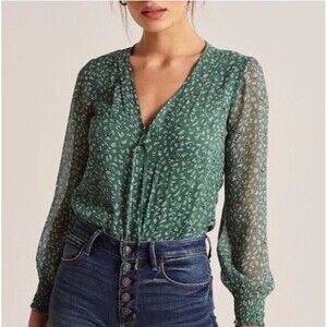 Abercrombie and Fitch Chiffon Green Floral Bodysuit Long Sleeve Women's Small